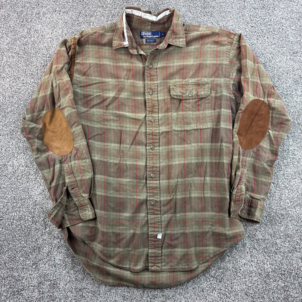 Vintage Polo Ralph Lauren Shirt Mens L Brown Cotton Wool Elbow Patch Distressed